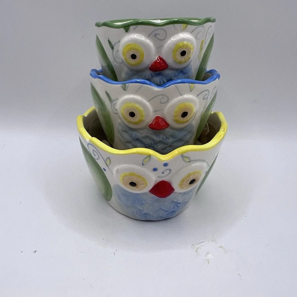 Pier 1 Imports Hand Painted Nesting Owl Measuring Cups ~ Set Of 3 1/4 1/3 1/2
